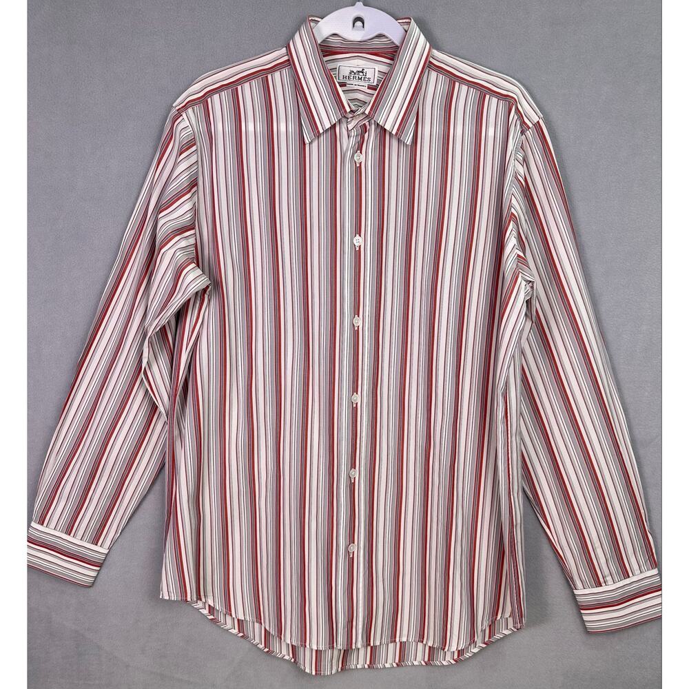 Vintage Hermès Red & Gray Striped Cotton Designer Dress Shirt Size 16/41 (L) - Picture 2 of 11